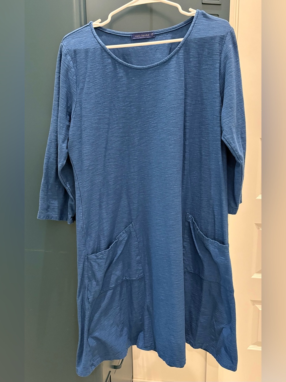 Cut Loose Linen Cotton Jersey Scoopneck 3/4 Sleeve Pocket Dress, Atlantic, XL